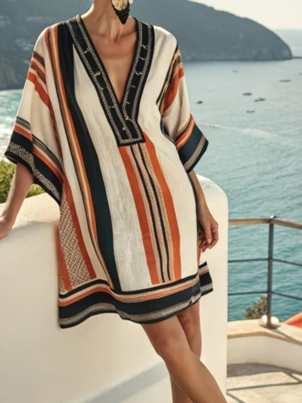 Striped V-Neck Women’s Tunic Dress in White, Orange & Navy